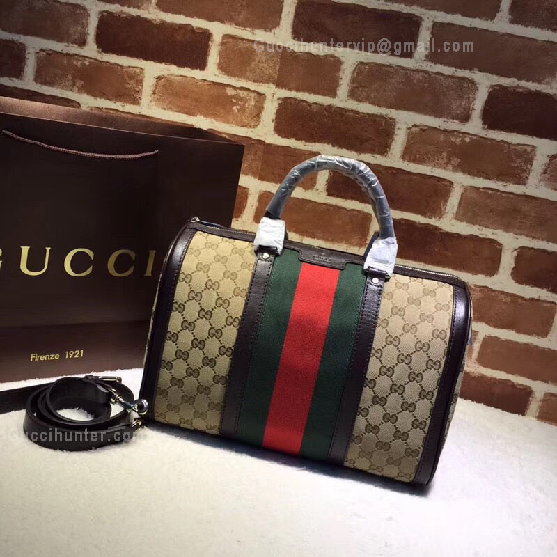 Gucci Beigebrown GG Canvas Vintage Web Boston Bag Green And Red 247205